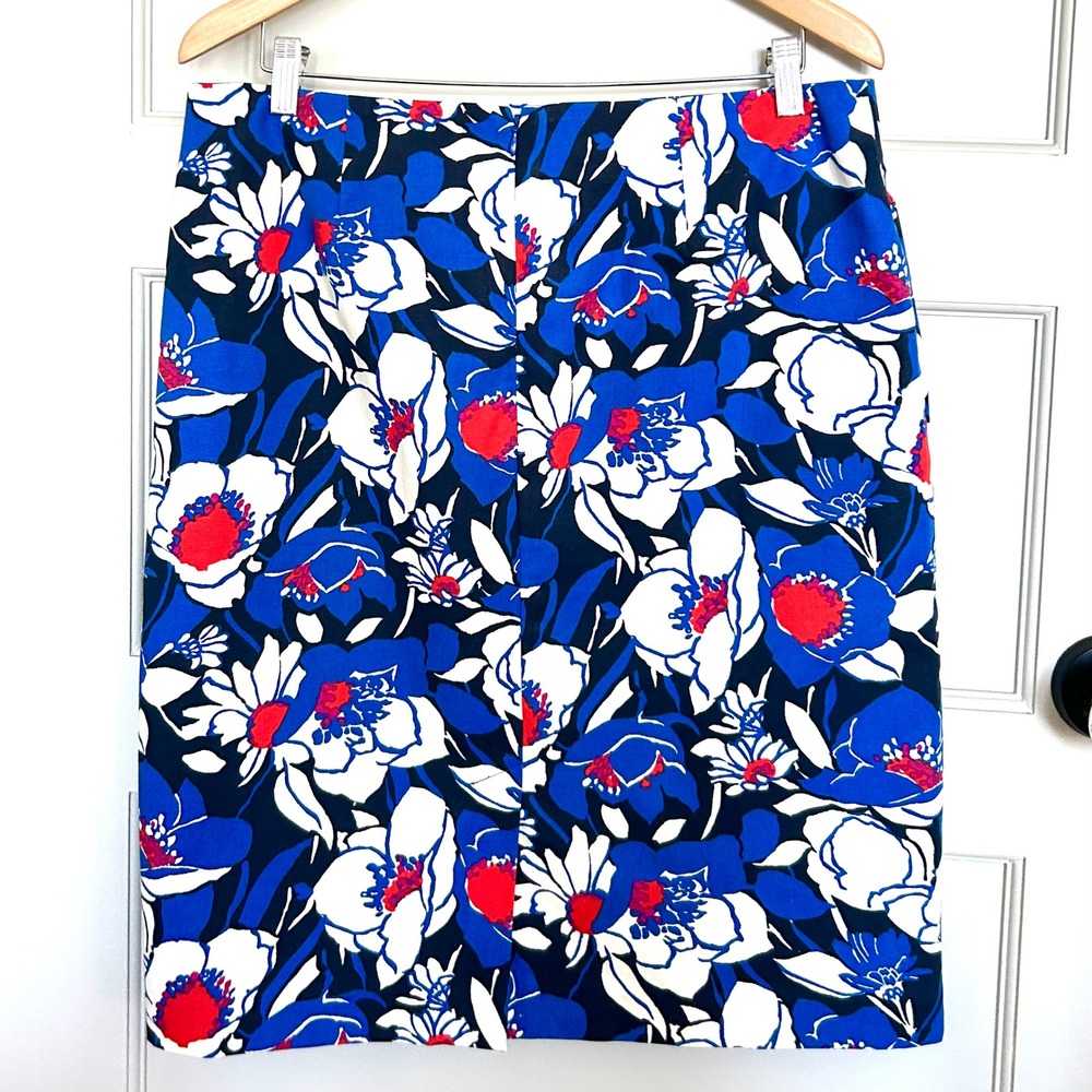 Talbots Women's Blue Red White Floral Pencil Skirt Size 12 Knee Length Lined